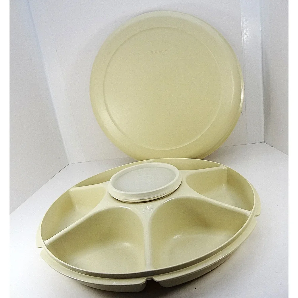 Vintage Tupperware Jeal-Ette 1665 Serving Tray Almond Cream 6 Section Dip Bowl‎